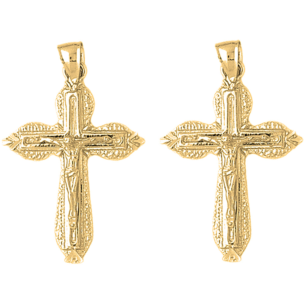 Yellow Gold-plated Silver 40mm Budded Crucifix Earrings