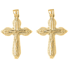 Yellow Gold-plated Silver 40mm Budded Crucifix Earrings