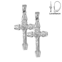 Sterling Silver 36mm INRI Crucifix Earrings (White or Yellow Gold Plated)