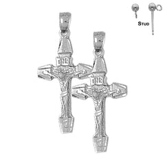 Sterling Silver 36mm INRI Crucifix Earrings (White or Yellow Gold Plated)