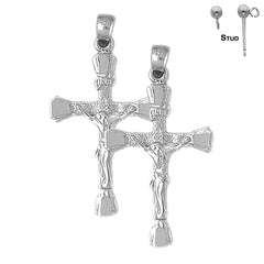 Sterling Silver 41mm INRI Crucifix Earrings (White or Yellow Gold Plated)