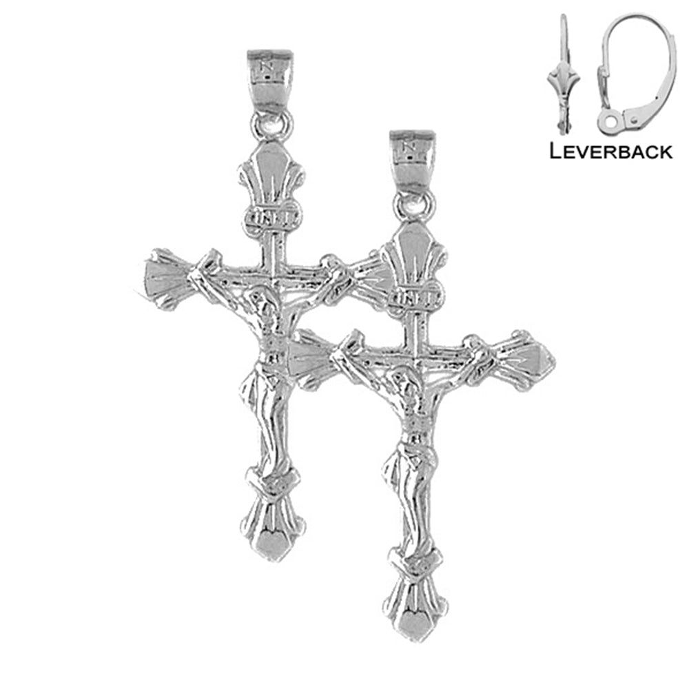 Sterling Silver 42mm INRI Crucifix Earrings (White or Yellow Gold Plated)