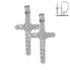 Sterling Silver 23mm Budded Crucifix Earrings (White or Yellow Gold Plated)