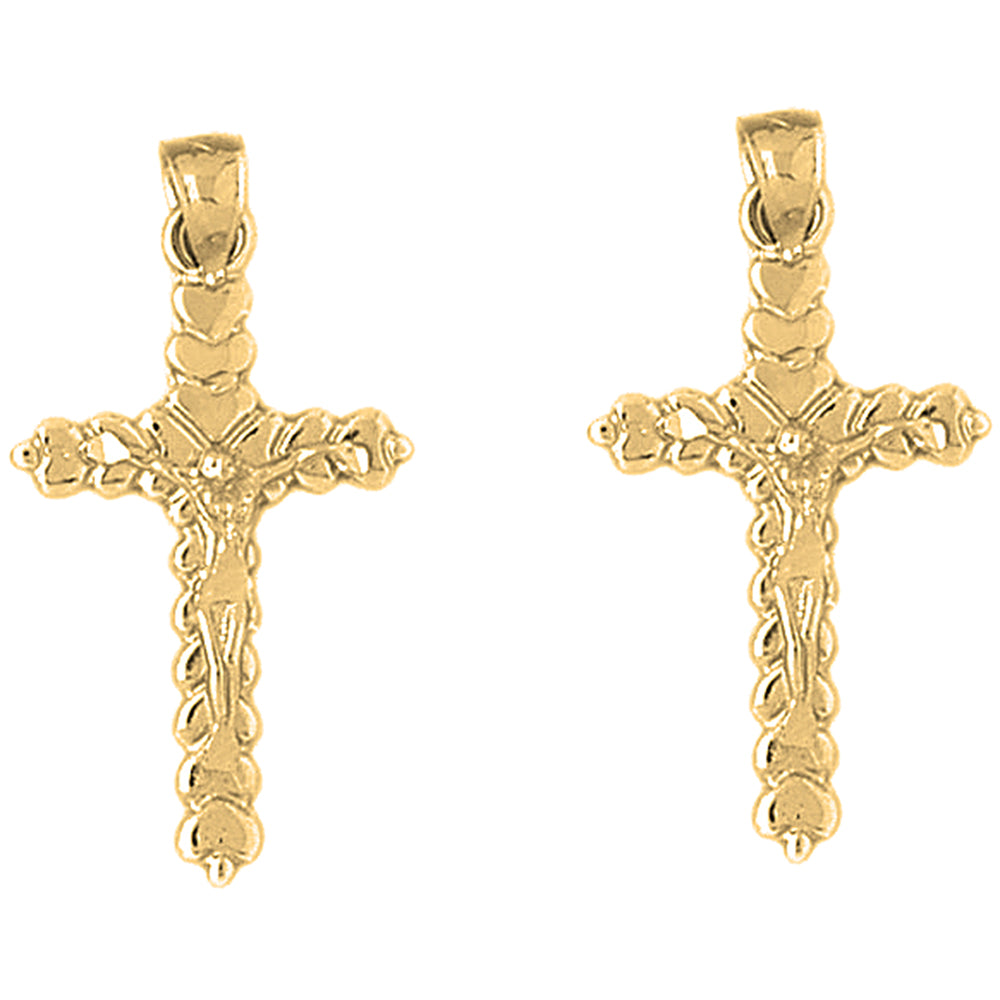 Yellow Gold-plated Silver 23mm Budded Crucifix Earrings