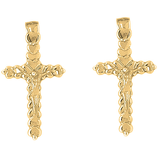 Yellow Gold-plated Silver 23mm Budded Crucifix Earrings