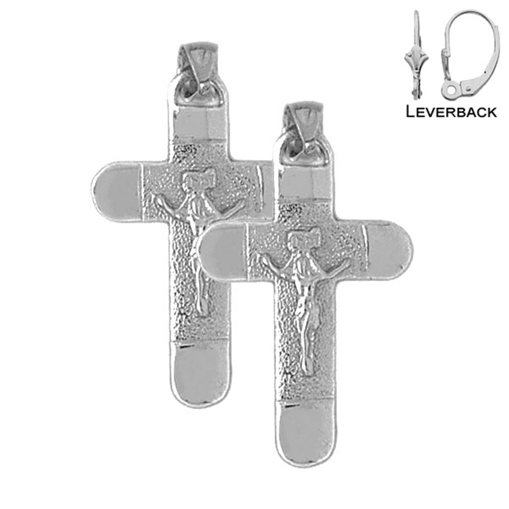 Sterling Silver 32mm INRI Crucifix Earrings (White or Yellow Gold Plated)