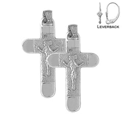 Sterling Silver 32mm INRI Crucifix Earrings (White or Yellow Gold Plated)