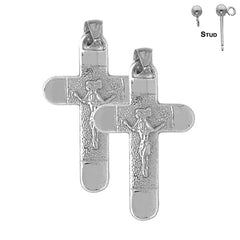 Pendientes de crucifijo INRI de plata de ley de 32 mm (chapados en oro blanco o amarillo)