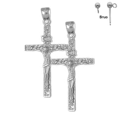 Sterling Silver 43mm INRI Crucifix Earrings (White or Yellow Gold Plated)