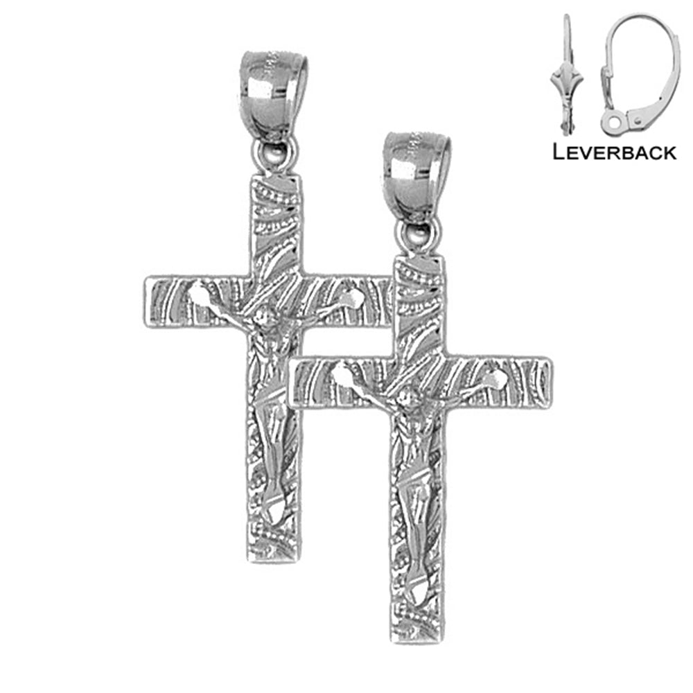 Sterling Silver 37mm Latin Crucifix Earrings (White or Yellow Gold Plated)