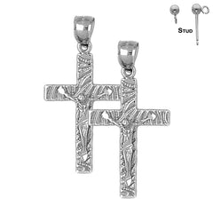 Pendientes de crucifijo latino de plata de ley de 37 mm (chapados en oro blanco o amarillo)