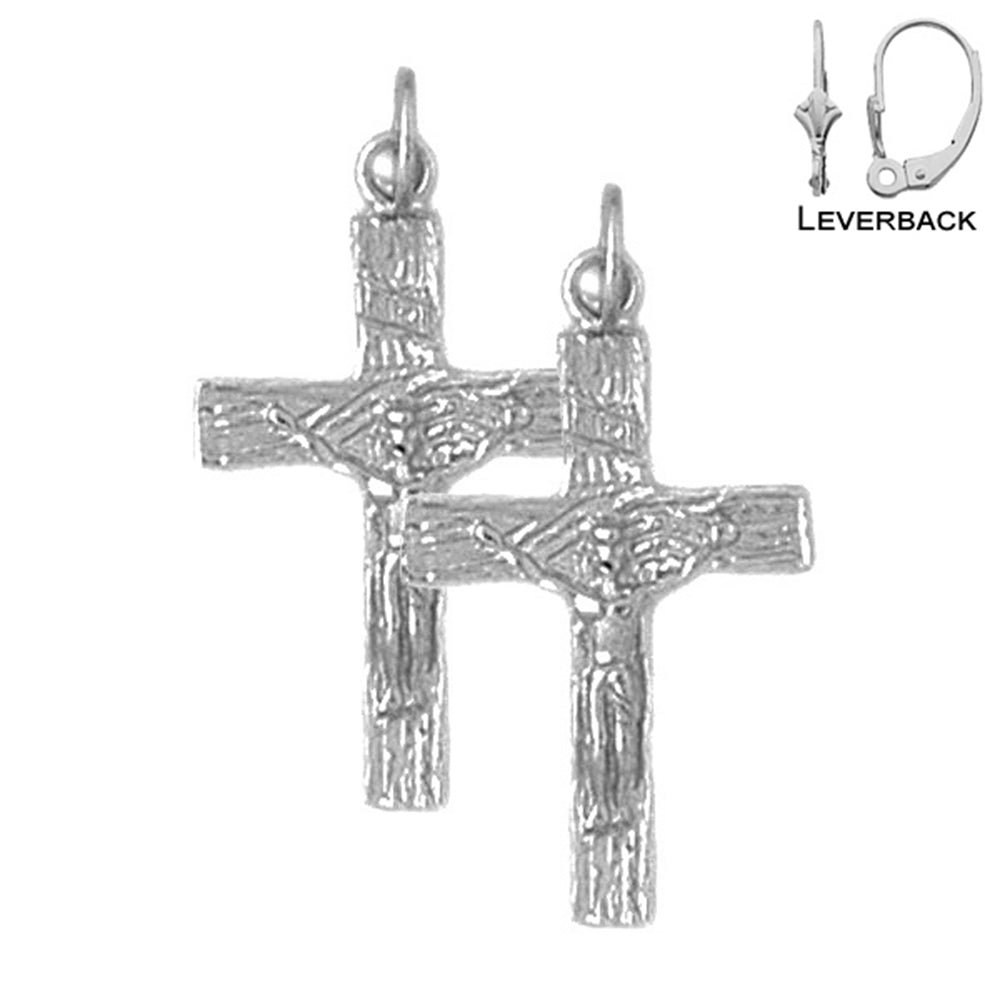 Sterling Silver 27mm INRI Crucifix Earrings (White or Yellow Gold Plated)