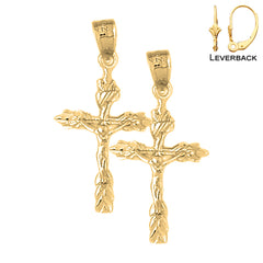 Sterling Silver 31mm Budded Crucifix Earrings (White or Yellow Gold Plated)