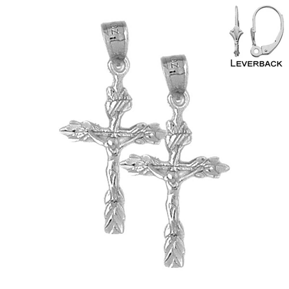 Sterling Silver 31mm Budded Crucifix Earrings (White or Yellow Gold Plated)