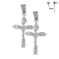 Sterling Silver 31mm Budded Crucifix Earrings (White or Yellow Gold Plated)