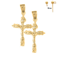 Sterling Silver 31mm Budded Crucifix Earrings (White or Yellow Gold Plated)