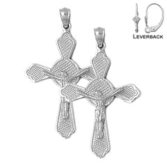 Sterling Silver 44mm Budded Crucifix Earrings (White or Yellow Gold Plated)