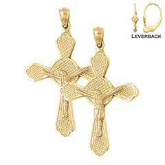 Sterling Silver 44mm Budded Crucifix Earrings (White or Yellow Gold Plated)