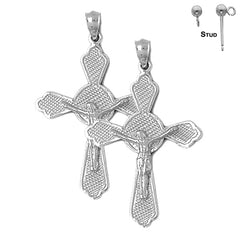 Sterling Silver 44mm Budded Crucifix Earrings (White or Yellow Gold Plated)
