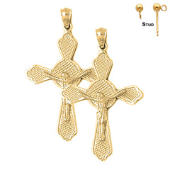 Sterling Silver 44mm Budded Crucifix Earrings (White or Yellow Gold Plated)