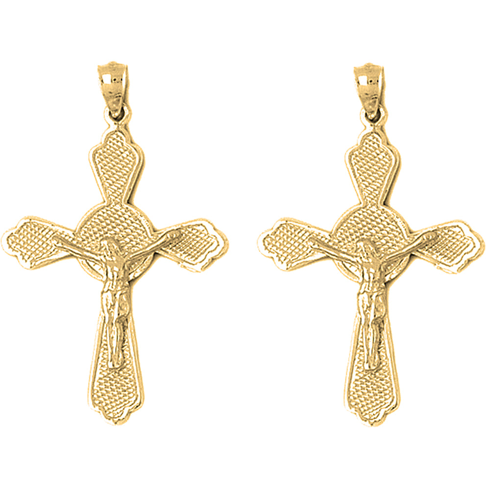Yellow Gold-plated Silver 44mm Budded Crucifix Earrings