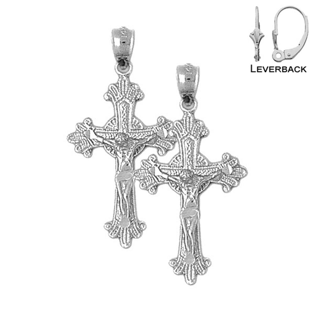 Sterling Silver 34mm Glory Budded Crucifix Earrings (White or Yellow Gold Plated)