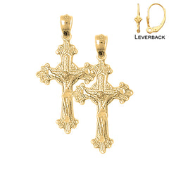 Sterling Silver 34mm Glory Budded Crucifix Earrings (White or Yellow Gold Plated)