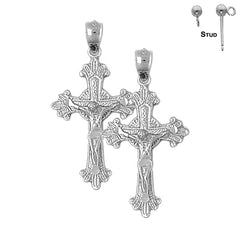 Sterling Silver 34mm Glory Budded Crucifix Earrings (White or Yellow Gold Plated)