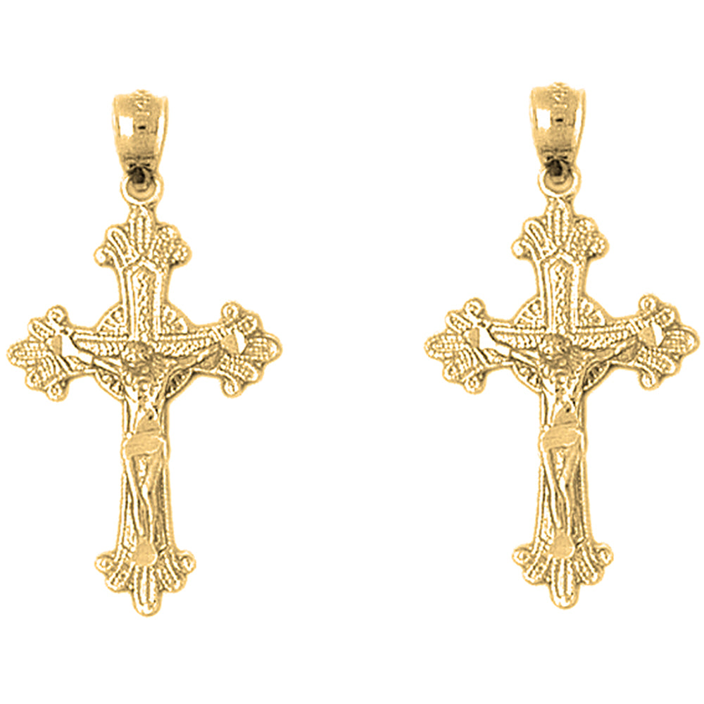 Yellow Gold-plated Silver 34mm Glory Budded Crucifix Earrings