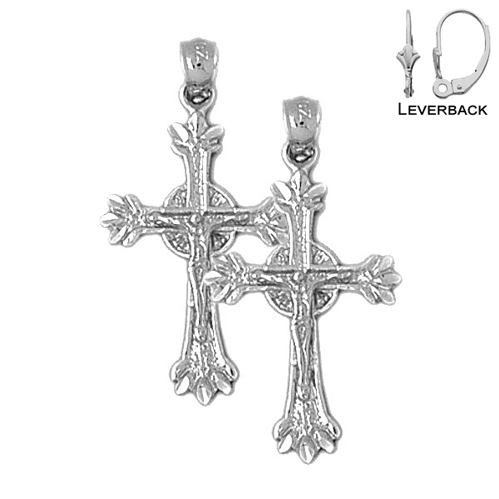 Sterling Silver 31mm Glory Budded Crucifix Earrings (White or Yellow Gold Plated)