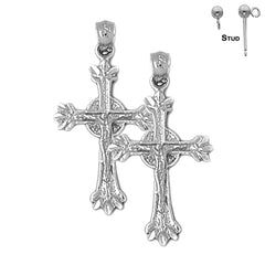 Sterling Silver 31mm Glory Budded Crucifix Earrings (White or Yellow Gold Plated)