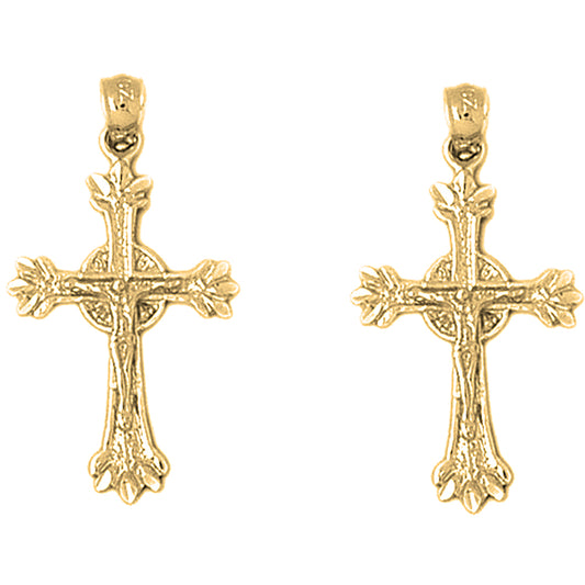 Yellow Gold-plated Silver 31mm Glory Budded Crucifix Earrings