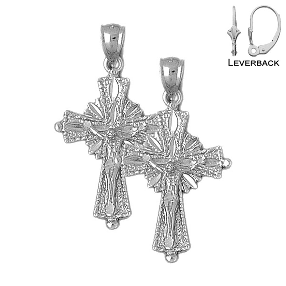 Sterling Silver 39mm Glory Budded Crucifix Earrings (White or Yellow Gold Plated)