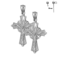 Sterling Silver 39mm Glory Budded Crucifix Earrings (White or Yellow Gold Plated)