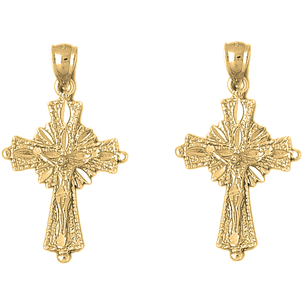 Yellow Gold-plated Silver 39mm Glory Budded Crucifix Earrings