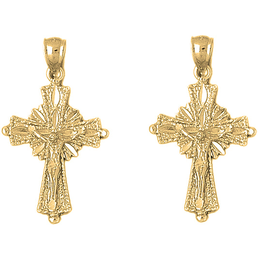 Yellow Gold-plated Silver 39mm Glory Budded Crucifix Earrings