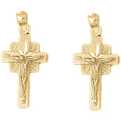 Yellow Gold-plated Silver 33mm Quadrate Crucifix Earrings