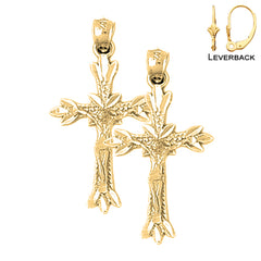 Sterling Silver 34mm Budded Crucifix Earrings (White or Yellow Gold Plated)