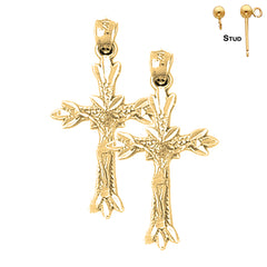 Sterling Silver 34mm Budded Crucifix Earrings (White or Yellow Gold Plated)