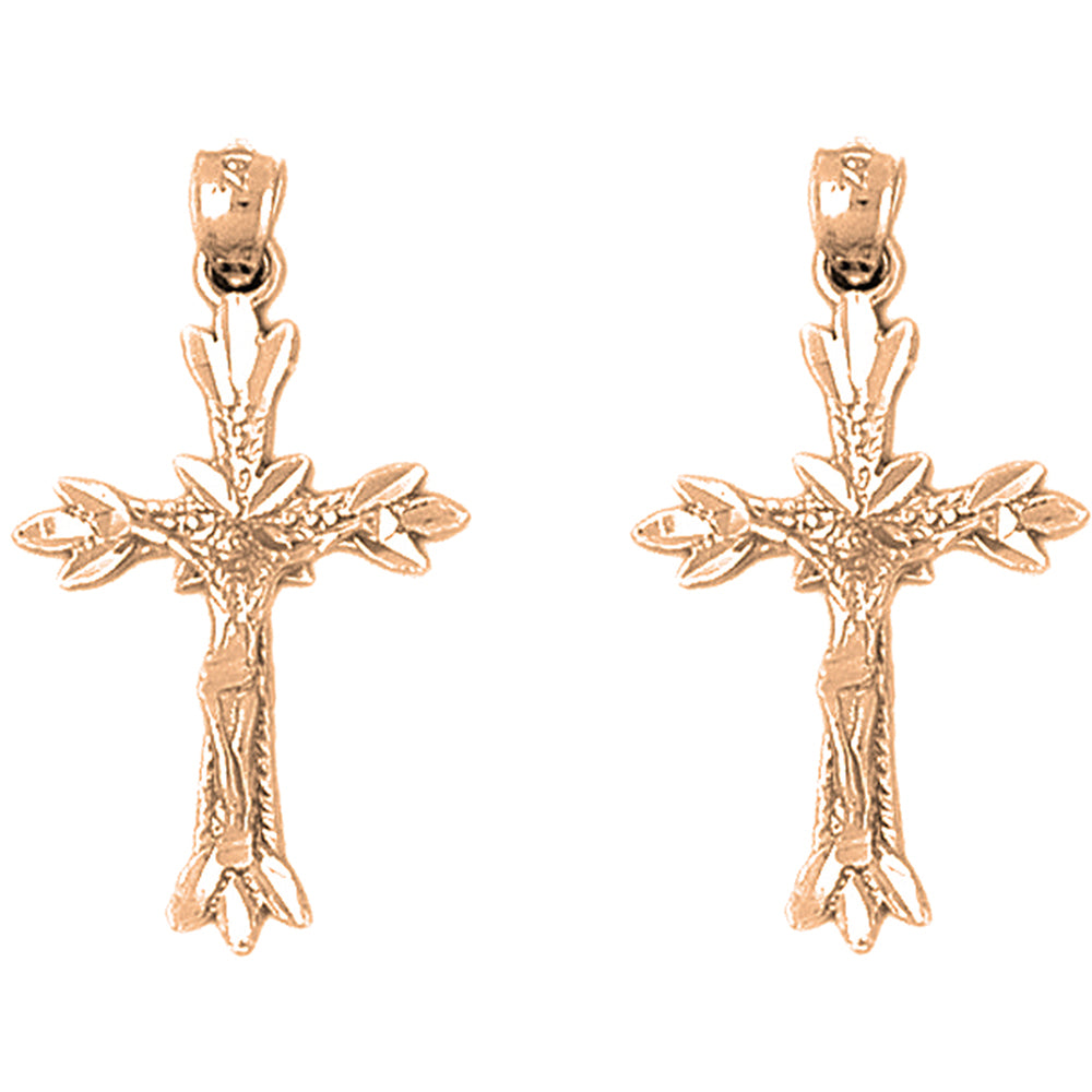 14K or 18K Gold 34mm Budded Crucifix Earrings