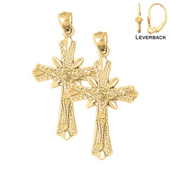 Sterling Silver 36mm Budded Crucifix Earrings (White or Yellow Gold Plated)