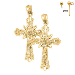 Sterling Silver 36mm Budded Crucifix Earrings (White or Yellow Gold Plated)