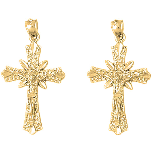 14K or 18K Gold 36mm Budded Crucifix Earrings