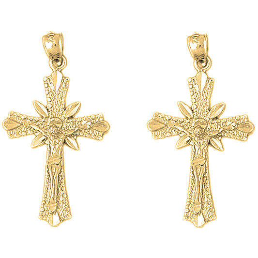 Yellow Gold-plated Silver 36mm Budded Crucifix Earrings