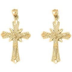 Yellow Gold-plated Silver 36mm Budded Crucifix Earrings