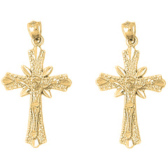 14K or 18K Gold 36mm Budded Crucifix Earrings