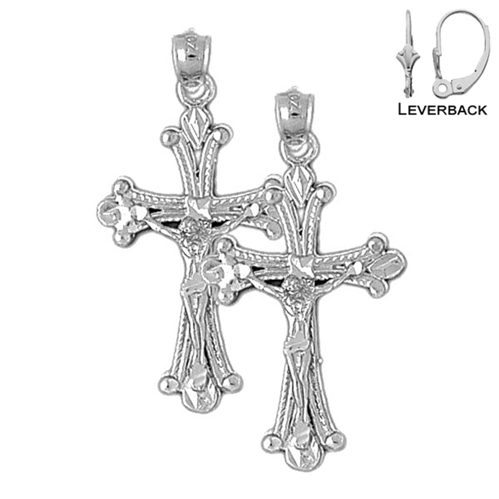 Sterling Silver 37mm Budded Crucifix Earrings (White or Yellow Gold Plated)