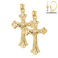 Sterling Silver 37mm Budded Crucifix Earrings (White or Yellow Gold Plated)