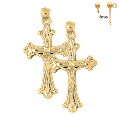 Sterling Silver 37mm Budded Crucifix Earrings (White or Yellow Gold Plated)