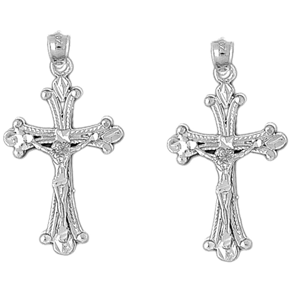 Sterling Silver 37mm Budded Crucifix Earrings